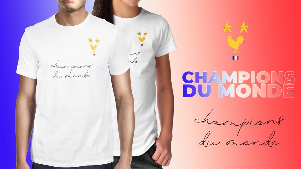 TBT9_W9's tweet image. Les chéris, à l’occasion de la victoire des Bleus, on vous fait gagner des T-Shirts «Champion du monde» ! Le premier avec les deux étoiles⭐️⭐️
Édition en quantité limitée ! 10% avec le code TPMP sur champions2018.com 🇫🇷
➡️RT + Follow @champions_monde pour participer