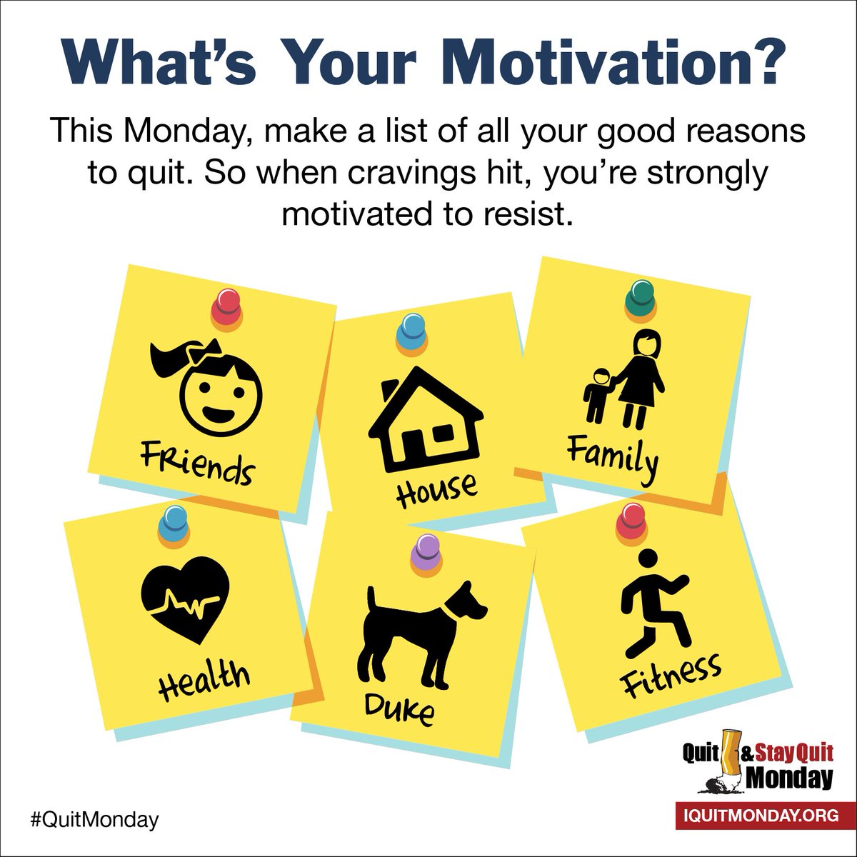 QuitMonday's tweet photo. This Monday, take a moment to list what's motivating you to quit. It can be just what you need to get through those cravings https://t.co/Ywl2QPksJi
#QuitMonday #MondayMotivation https://t.co/Zw2tcyY6nA