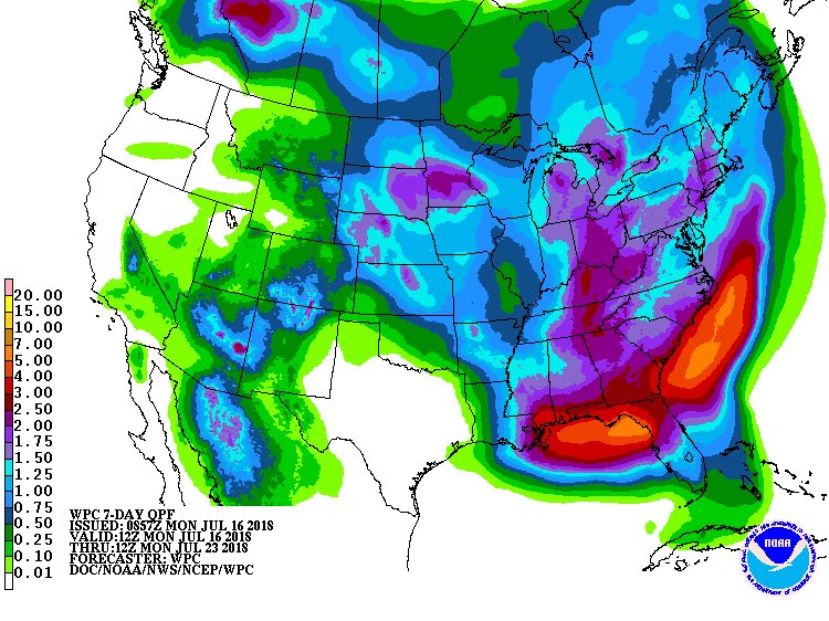 richmarketguy's tweet photo. Lower start to week again w/ corn 🌽 dn 1-2, soybeans 🌱 dn 3-4, wheat 🌾 dn 5-6.  Fairly benign weather pattern for most areas rest of July &amp; no news of the trade front. #Last7Days #Next7Days @DiversifiedCrop https://t.co/o5OFVtLuT6