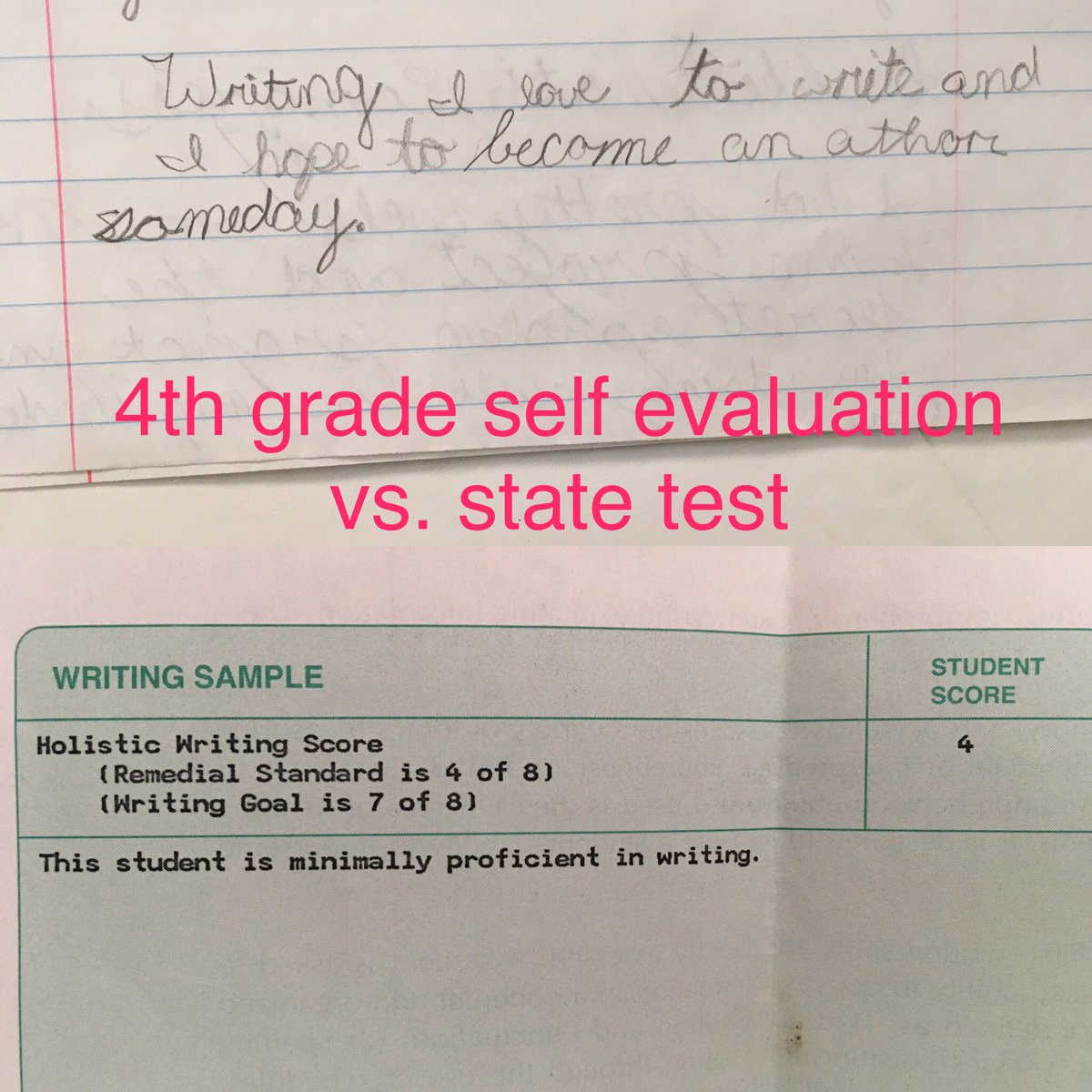 This weekend I sorted through some papers my mom saved from my childhood. The top one is my 4th grade self evaluation. The bottom, my 4th grade state test score. Random House published my 6th book last week. #MoreThanATest