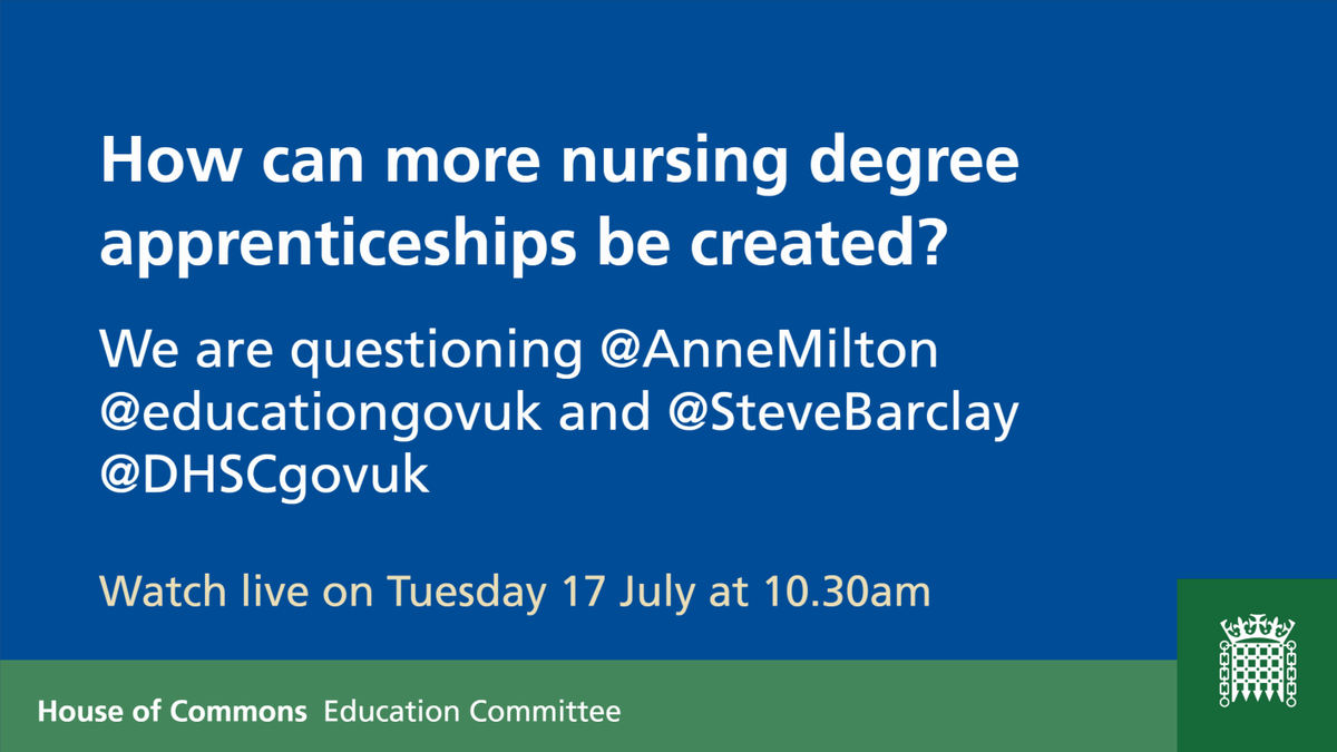On 5 June we heard from <a href="/councilofdeans/">Council of Deans of Health</a> @nhsemployers <a href="/theRCN/">The RCN</a> <a href="/OpenUniversity/">The Open University</a>... Tomorrow we'll be questioning <a href="/AnneMilton/">Rt Hon Anne Milton</a> <a href="/educationgovuk/">Department for Education</a> and <a href="/SteveBarclay/">Steve Barclay</a> <a href="/DHSCgovuk/">Department of Health and Social Care</a> on the Government's plans to support #Nursing degree #apprenticeships. 

Watch live: goo.gl/71VE7e