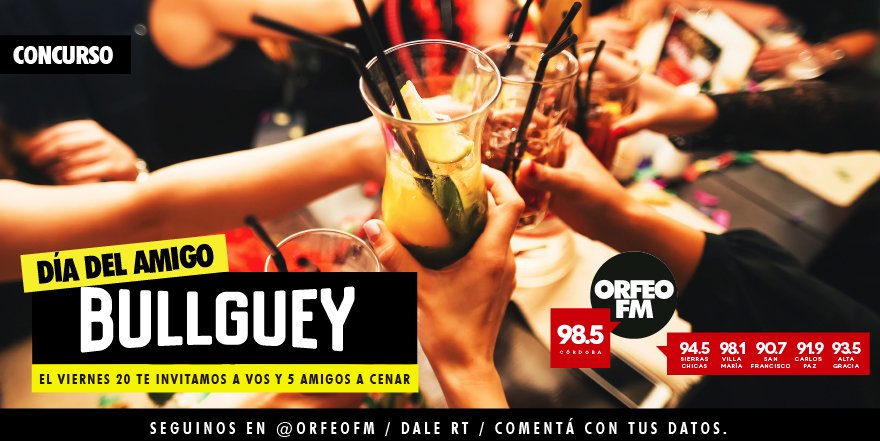 OrfeoFM's tweet photo. 💫 El #DíaDelAmigo lo festejamos en #Bullguey 🍔🍻🍹🍟 Vos + 5 amigos se van a cenar al mejor lugar de Nueva Córdoba. 
📣 ¿Cómo participás? Comentá con tus datos y etiquetá a cinco amigos. https://t.co/2bf9bhmHcY