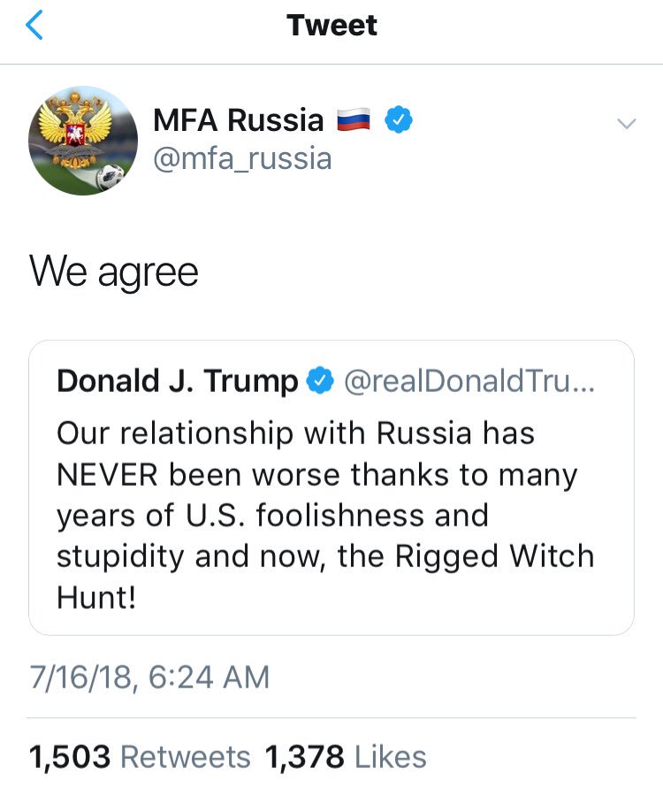IAmSophiaNelson's tweet photo. It’s a sad day to be an American. This is the President of the United States. The Commander-in-Chief of the US Armed forces and the Russian MFA openly colluding against the USA in the open. #Helsinki2018 #TrumpPutin https://t.co/G2yAQCgwGH