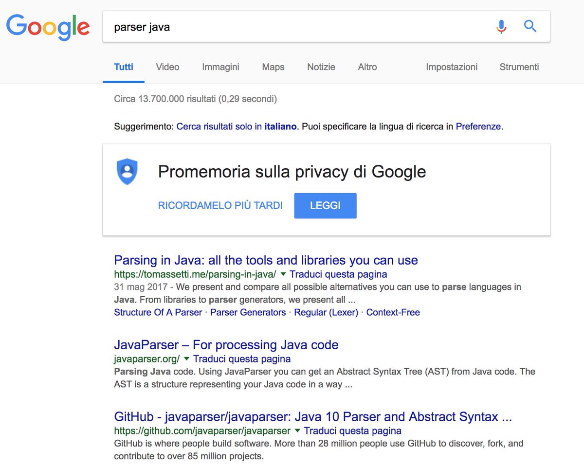 ftomasse's tweet image. Not too bad placed for &quot;parsing in java&quot;. Great work @matozoid #javaparser