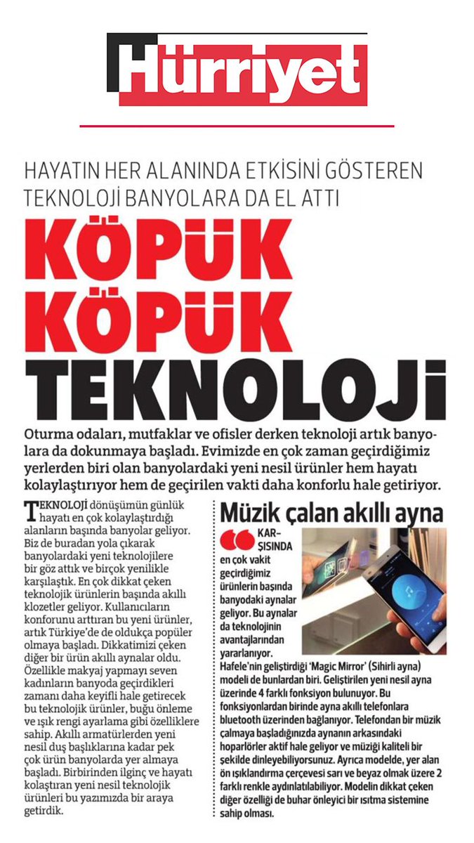 HafeleTurkiye's tweet photo. Häfele’nin geliştirdiği “Magic Mirror Ayna” Hürriyet gazetesinin teknoloji köşesinde! Hemen incelemek için; https://t.co/nG1lBXgDvh https://t.co/qLKheOHa0B