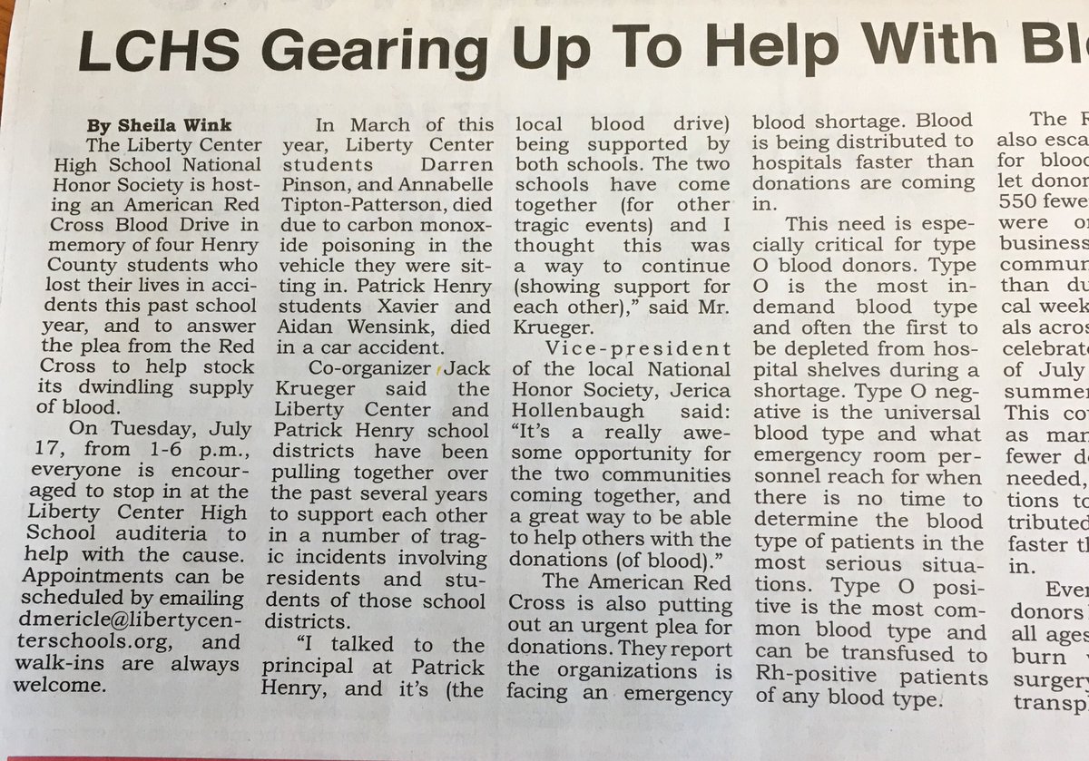 The PH community is encouraged to head over to Liberty Center High School's auditeria on Tuesday, July 17th from 1-6 PM to give blood. Please donate if you can!