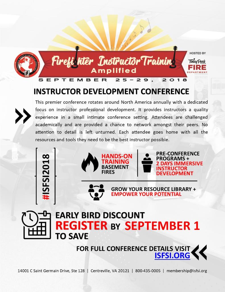 Sign-up for <a href="/FireInstructors/">ISFSI</a> #IFSI2018 Instructor Development Conference taking place in Chicago September 25-29! FSRI's Dan Madrzykowski will be teaching "Understanding and Fighting Basment fires," on September 27 and "Teaching the Science of Firefighting" on September 28.