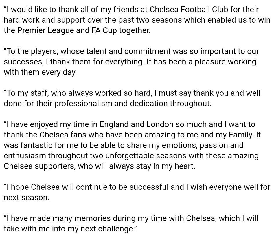 OliviaBuzaglo's tweet photo. Antonio Conte’s farewell letter. Top class man. #CFC https://t.co/5AoD2bC9n9