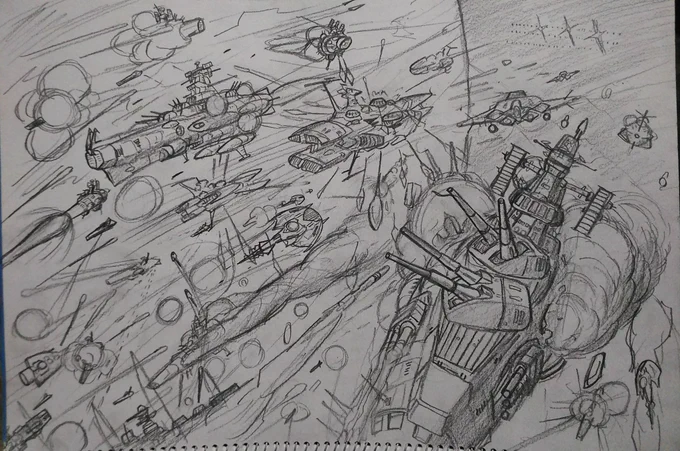 自分なりにイメージした土星沖会戦を描いてみました。ガトラン艦隊は電撃戦の様な機動力を生かした戦い方が似合います?色々描いてたらごっちゃに…(^-^;)#宇宙戦艦ヤマト2202 #yamato2202 #宇宙戦艦ヤマト 