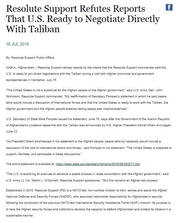 The U.S. is not a substitute for the Afghan people or the Afghan govt. My reaffirmation of Sec. Pompeo’s statement was mischaracterized today in the media. For clarification, please see the @ResoluteSupport release here: rs.nato.int/news-center/pr…