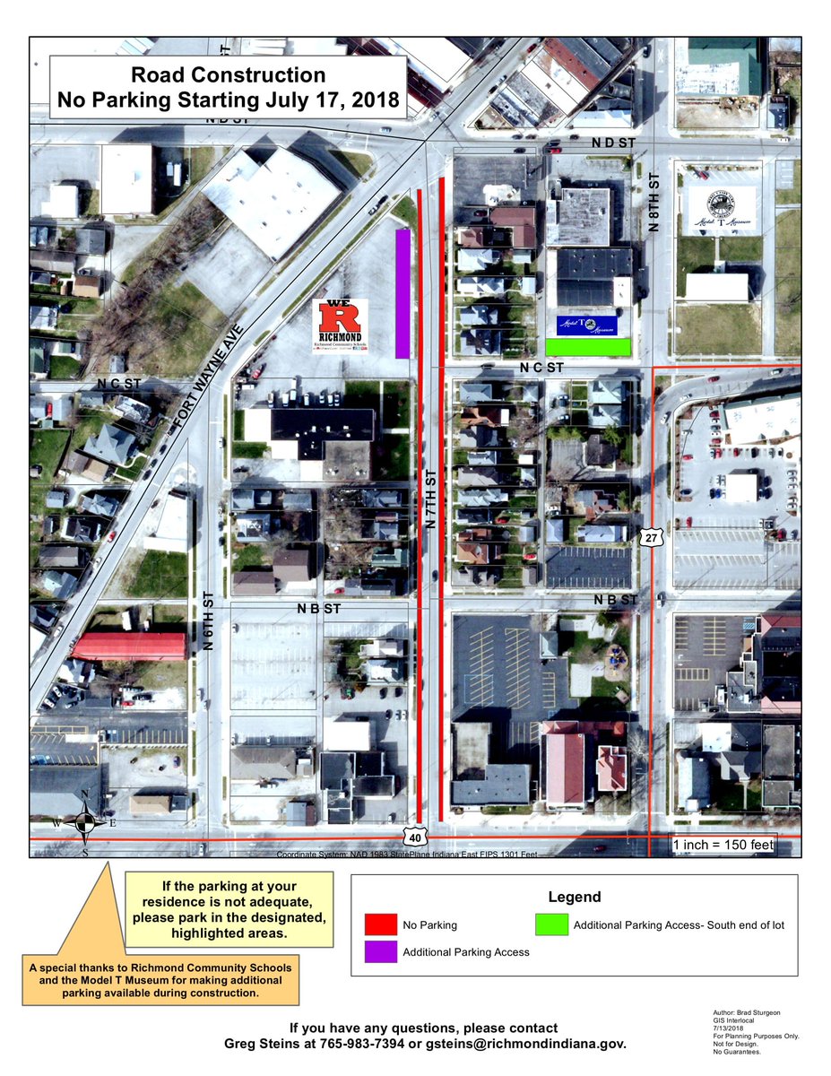Beginning tomorrow July 17, 2018 road construction will begin on North 7th as part of the Stellar Complete Streets project.  Please see the attached map for additional designated parking  spaces. Thanks to Richmond Community Schools, and the Model T Museum for providing parking