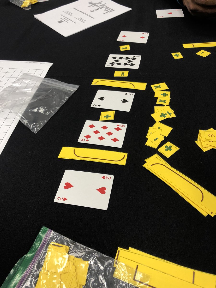 WCESwade's tweet image. Using cards to build and solve equations using the order of operations! #CAMT18 #gotmath