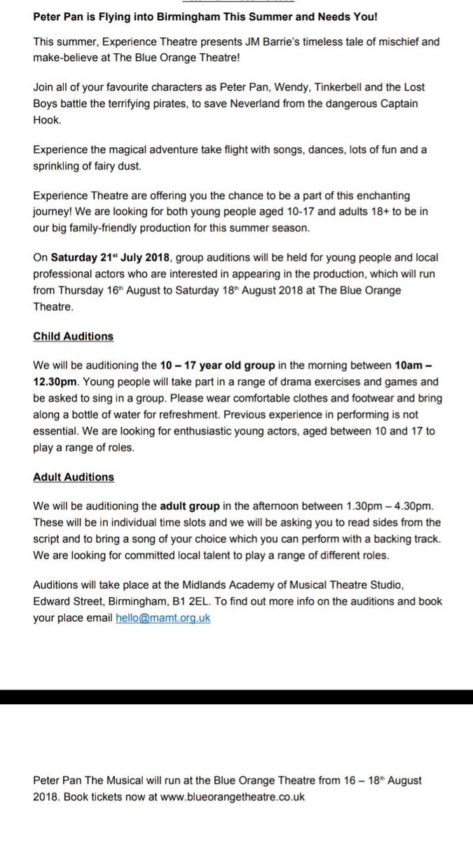 musical_pan's tweet photo. @My_Life_Is_Fun Hi chloe we are holding auditions for our production of Peter Pan that is running at Blue Orange Theatre in August. We are looking for young people aged between 10-17 who might like to take part - details below. Do you think you might be interested in auditioning? https://t.co/LcIApZEAMT