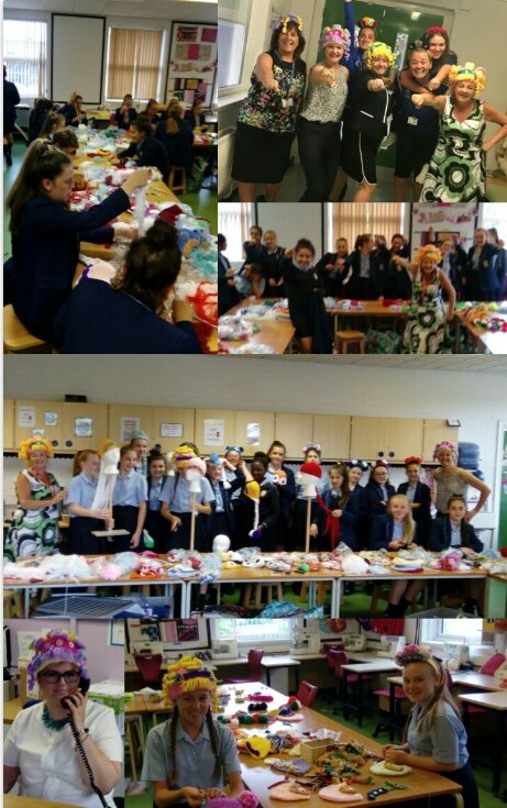BHCHS_Chaplain's tweet photo. We have had an amazing time on Day 1 of our #wigathon with @vonnybee from @wigzeewoo! Year 8 did a fantastic job making fun woollen wigs for children who have lost their hair. There's a queue of girls willing to take them to @AlderHey already! Bring on the next 3 days of fun! https://t.co/vevrM1qq8m