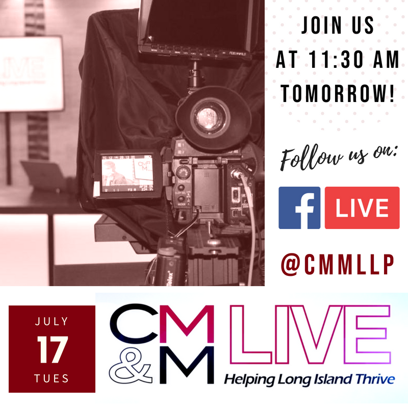 cmmllp's tweet photo. Our next episode of #CMMLive airs tomorrow at 11:30 a.m. on Facebook. We’re thrilled to welcome Karen Boorshtein of @FamilyServiceLI & Amanda Talty of @TouretteAssn to talk about how you too can get involved in the #nonprofit sector! #LongIsland https://t.co/QGGz9t0FQP https://t.co/Sl1BaBuZUv