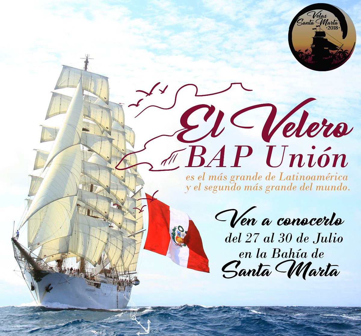 FiestaDelMarSM's tweet photo. El BAP Unión, el velero más grande de Latinoamérica y el segundo más grande del mundo en las playas de Santa Marta.  #FiestaDelMar2018 esto va a estár increíble. @INDETURSMR @HotelesenSmr @CulturaSMR @puertostmarta @armadacolombia @SantaMartaDTCH https://t.co/CUhSPXcJVe