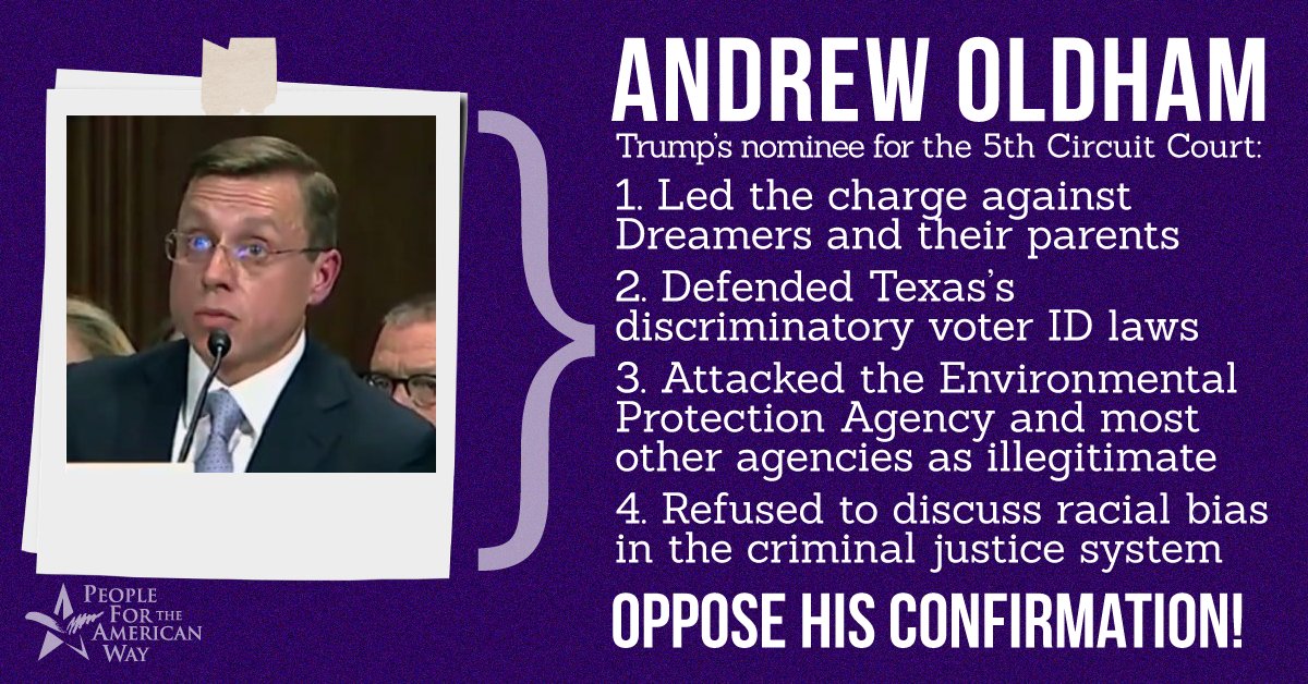 peoplefor's tweet photo. The Senate is scheduled to vote on two more Circuit Court nominees this week! As Trump tries to take over the Supreme Court, the subversion of our other courts continues. #StopOldham #StopBounds #ProtectOurCourts https://t.co/UDA7DDR99F