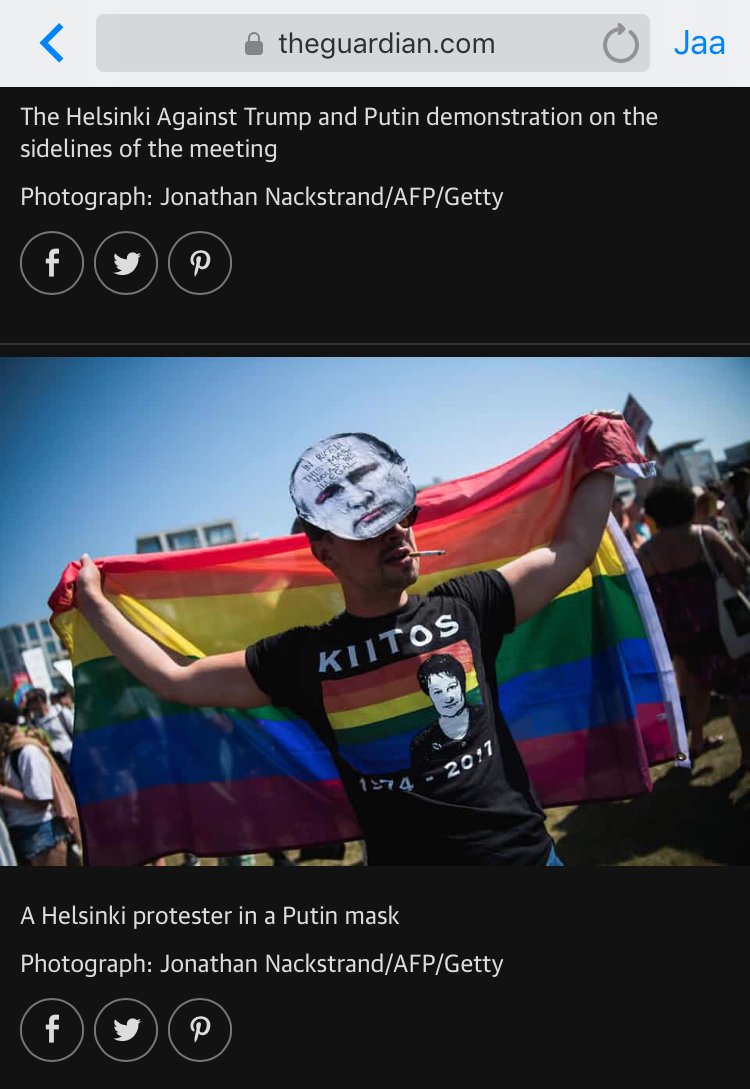 The Guardian shows a protester during the Helsinki Summit 2018 wearing a tribute t-shirt for gay activism in Finland. 👍

#setojemmeveteraanit #theguardian #gayrights #TrumpPutinSummit #TrumPutinHelsinki theguardian.com/us-news/galler…