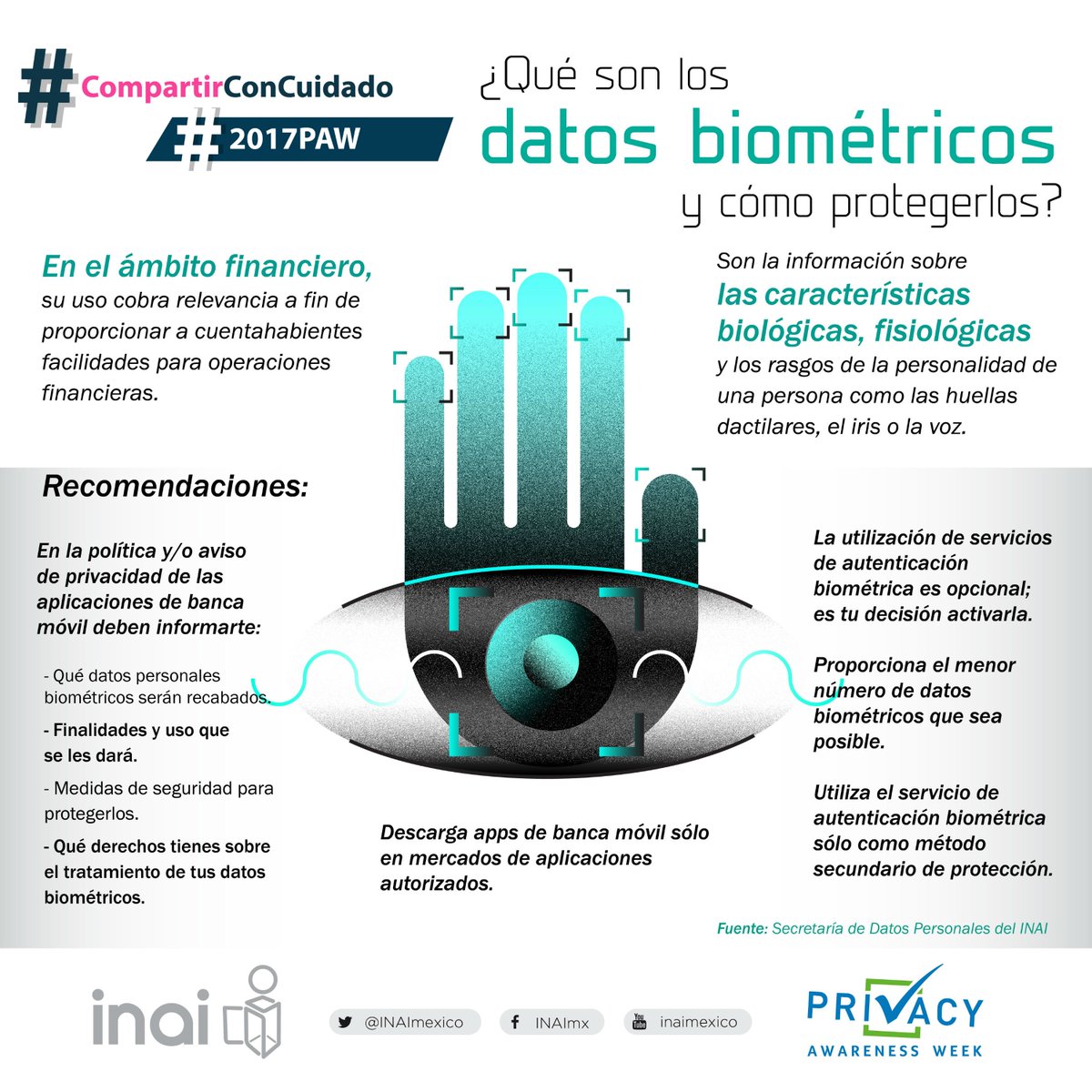 INAImexico's tweet photo. Los #DatosBiométricos más utilizados son la huella dactilar o el iris del ojo, aunque los científicos también son capaces de identificarte por la voz, forma de caminar, palma de la mano o rasgos del rostro, ¿cómo debes cuidar estos datos? INAI te lo dice 📢 https://t.co/4T9fSaNYyl