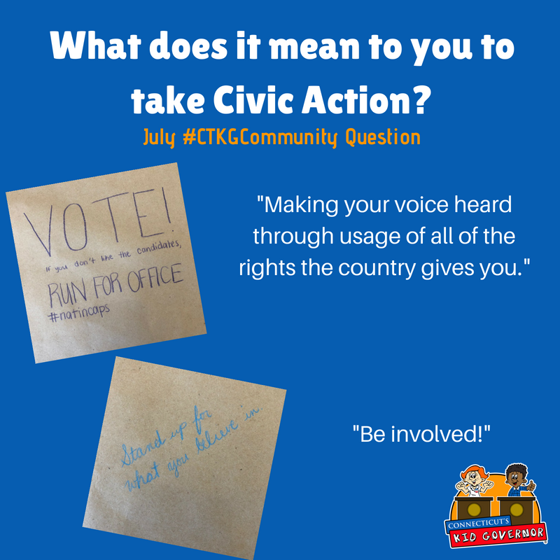 CTKidGovernor's tweet photo. Every month we're asking a question to the community in our #CivicActionLab. For the month of July, we asked: "What does it mean to you to take civic action?" We're already getting some great responses! What's you take on this #CTKGCommunity question? https://t.co/w9pnH770EL