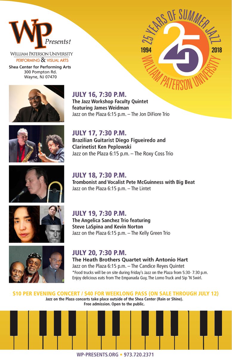 WPPresents's tweet photo. #WPSummerJazz starts today! Check out the week's concert sched. Come to 1 or to all! $40 week passes are avail until 4PM today by calling 973.720.2371. Join us on Fri during Jazz on the Plaza 5:30-7:30PM when @EmpanadaGuy1 & @SipNSwirl stop by. Learn more: https://t.co/C6Ju0vTzFg https://t.co/QjQ0popacl