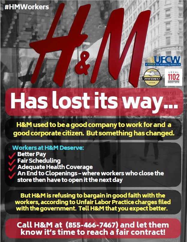 TWULocal100's tweet photo. H&M 's Manhattan stores are NOT bargaining in good faith! Transit Workers support Local 1102 in your fight! @hm #hmworkers https://t.co/wzuEL1qfIZ