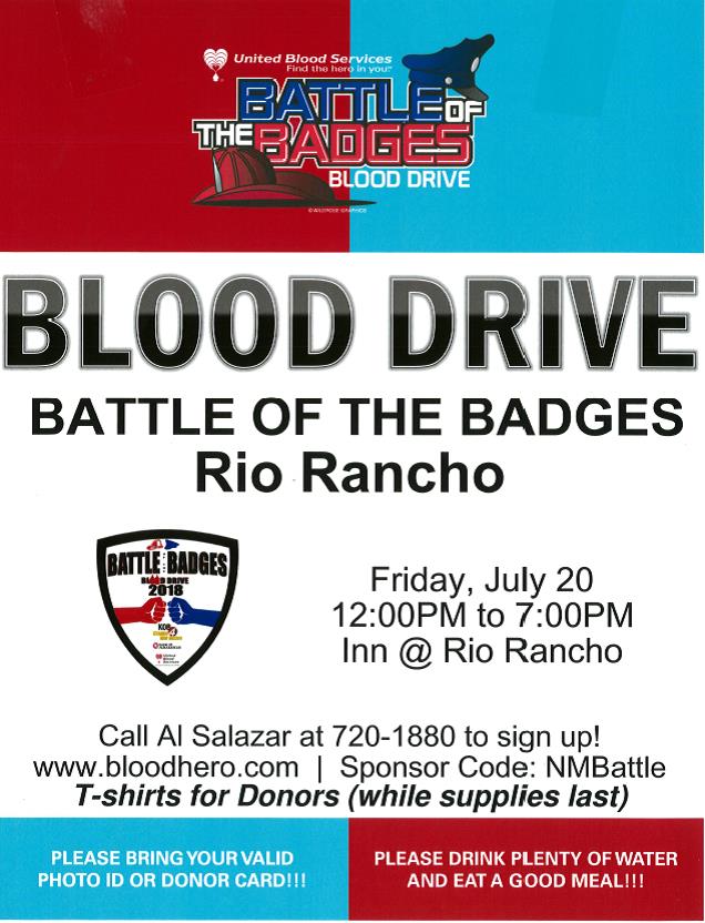 RRFireandRescue's tweet image. @RioRanchoPD1 stepped up their game on recruiting blood donors. Here's our chance to show them that the great supporters of RRFR are willing to help us win this challenge. We hope to see you at the Battle of the Badges on Friday. #SaveALife #BeatPD.
