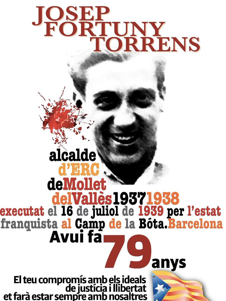 aramolleterc's tweet photo. El dibuixant #Molleta Francesc Verdugo Ibarz, més conegut com a “#Dugó” ens ha fet arribar aquest dibuix, per commemorar el 79º aniversari de l’afusellament de #JosepFortuny per part del franquisme.
Ell va ser militant @Esquerra_ERC i alcalde de @ajmollet . https://t.co/0CCNhS0cjf