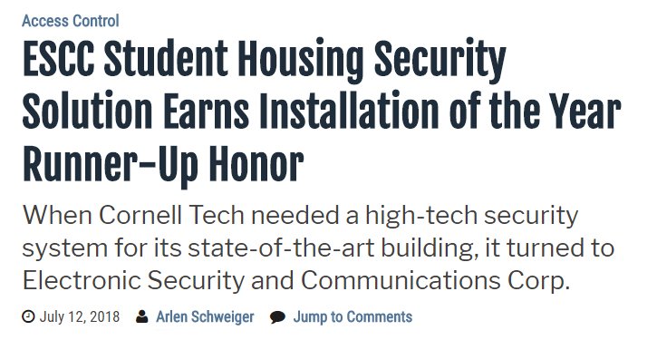 ESCC in the News: ESCC Student Housing Security Solutions Earns Security Installation of the Year Award Runner-Up Honor in SSI Magazine! #security #studenthousing #lowvoltage #integration

securitysales.com/access/escc-ho…