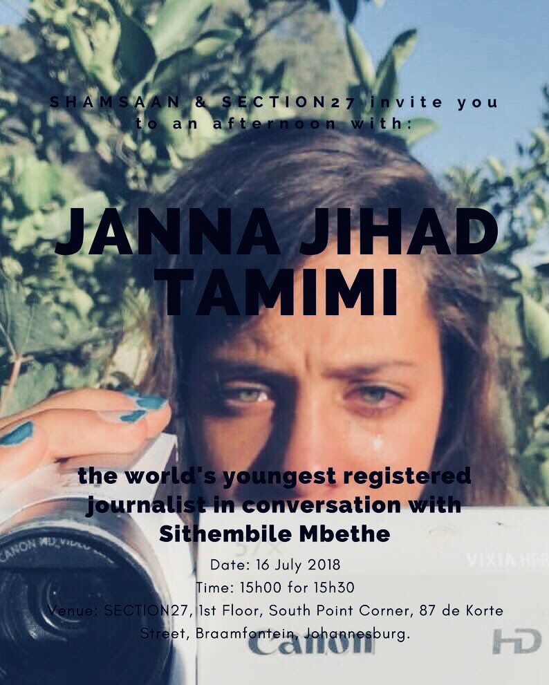 When asked what keeps her going, young journalist @JannaJihad1 answered “The bullet that doesn’t shoot us gives us strength”.. Such an incredible afternoon, thank you @SECTION27news for giving Janna a platform to true truly shed light on the inhumanity going on in Palestine.