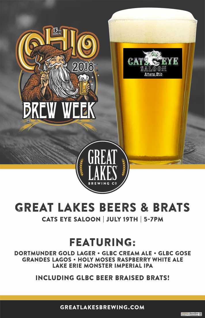One of our favorite <a href="/OhioBrewWeek/">Ohio Brew Week</a>  Beers &amp; Brats at <a href="/catseyesaloon/">Cats Eye Saloon</a>  this Thursday. Signature Dortmunder Brats with fixins. Limited supplies. $6 for 1 pint/snifter of Great Lakes brew and 1 brat.  Details: ow.ly/l7pA30kXfKo