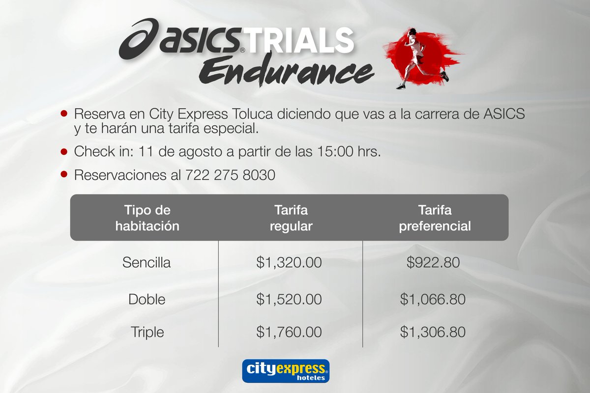 ASICSmexico's tweet image. Si nos vas a acompañar a Endurance y no quieres madrugar para manejar, City Express Toluca te da descuento al realizar tu reservación para el 12 de agosto, menciona que vas a correr con nosotros para que aplique la tarifa preferencial. #ASICSTrials ¡RT!

¿Estás listo?