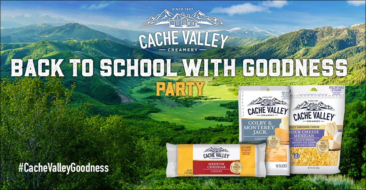 RippleStreetFun's tweet photo. Get the school year started with wholesome goodness! Discover how Cache Valley® Creamery slices, chunks or shreds bring delicious flavors to snacktime, lunches and your favorite family meals at a #CacheValleyGoodness party!
Apply today: https://t.co/m2zAbqxJSz
#CacheValley https://t.co/0d45nT3PZv