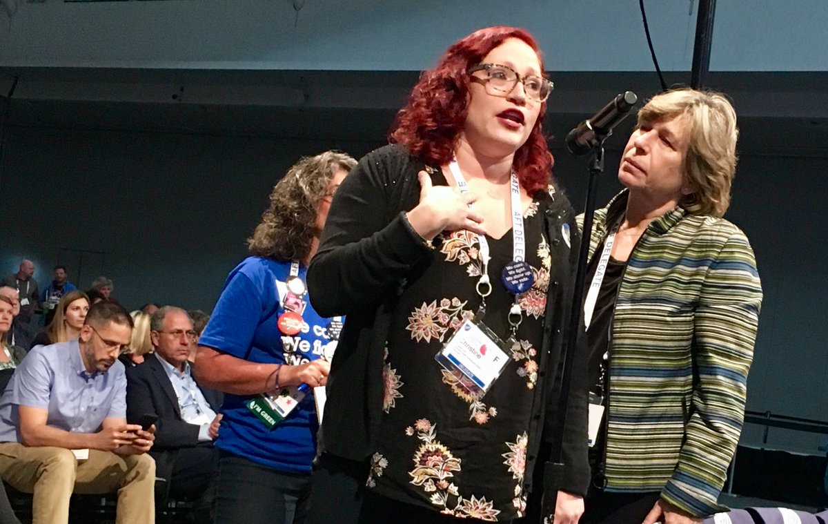 AFTCT's tweet photo. #UniversityHealthProfessionals' @CAJudd0609 rises to urge #AFT18 delegates support resolution marshaling resources for #OpioidEpidemic; story of family's loss brings @AFTUnion prez @Rweingarten to her side, showing how "U & I in #Union" binds us together. #IamAFT @AFTHealthcare https://t.co/o3uvz8s1D3