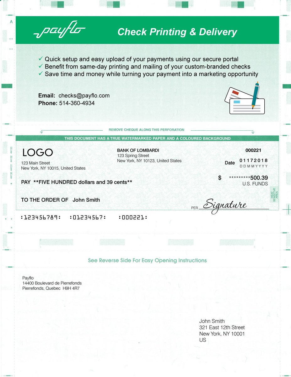 paymentflo's tweet photo. Tired of wasting time and money writing out and mailing checks for your #business? With #Payflo’s #secure technology, you can upload your information onto our website and we’ll transform it into custom-branded #checks that are printed and mailed the same day! https://t.co/cPLC8MCyw1