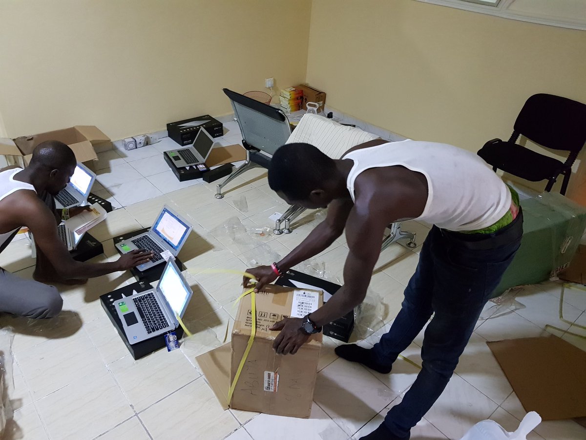 BukkyShonibare's tweet photo. Installations and setting up of the 160 laptop computers was with the huge and tireless support of @microManna.
We are grateful.
#Tech4IDPs https://t.co/02T5kWiHEb