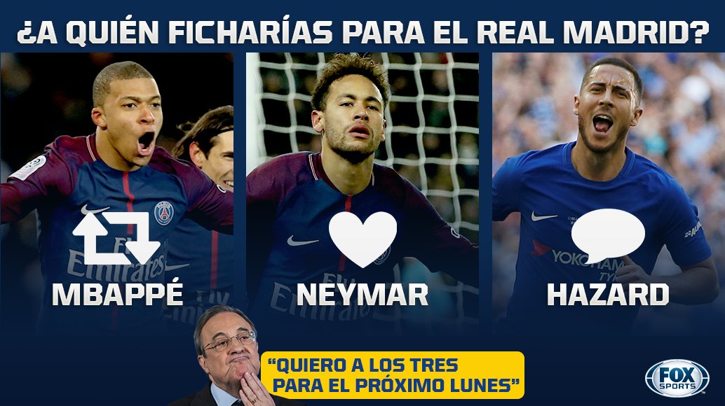 FOXSportsMX's tweet photo. ¿A QUIÉN FICHARÍAS PARA EL REAL MADRID? 🤔

#CentralFOX Los leemos... 

Kylian Mbappé🔃
Neymar ❤
Eden Hazard 💬 https://t.co/6xT3VVZaA5
