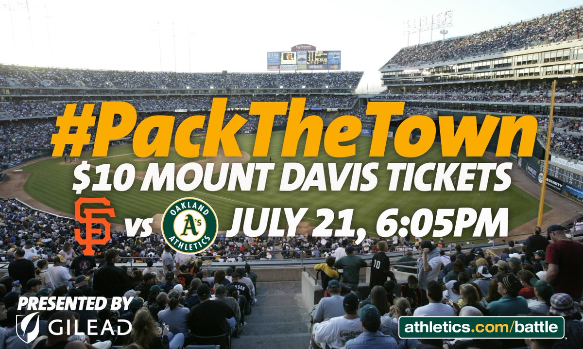 Athletics's tweet photo. Join us to #PackTheTown. 
For the first time in 13 years, we are opening up Mount Davis! Help us break the all-time Coliseum attendance record of 55,989 set in 2004 with $10 Mount Davis tickets for Saturday, July 21.  
https://t.co/F9skzqsr4r https://t.co/LiPuKbYcuY