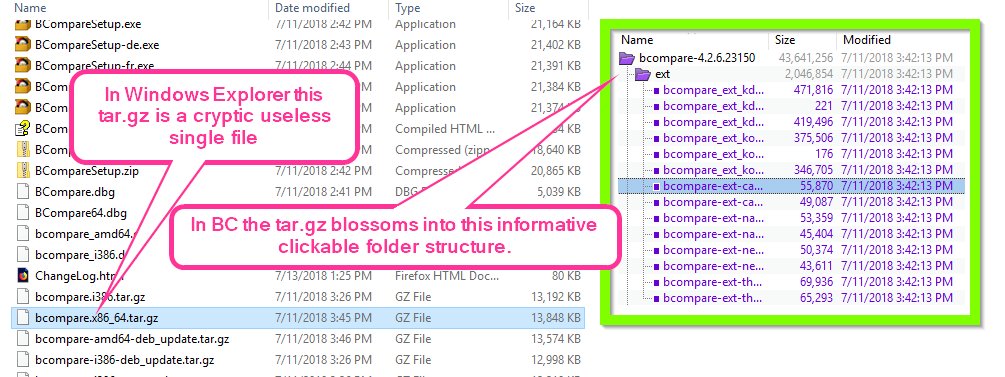 4Beyond_Compare's tweet image. How to get nosy using BC.
Windows shows this TAR.GZ as an impenetrable object. 
When you drag it to Beyond Compare &apos;Folder Compare&apos;, you get a whole clickable folder. #favoritetools