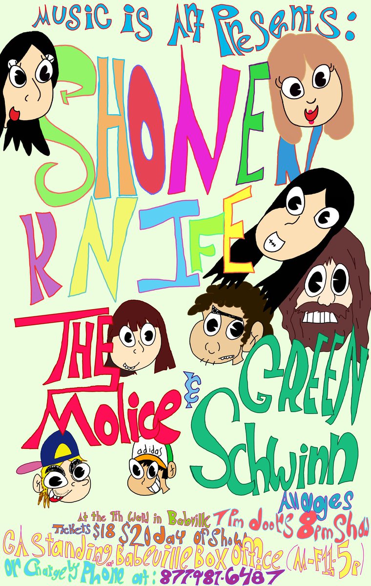 goodcharamel's tweet photo. Our friend @GreenSchwinn made a great poster for their show with @ShonenKnife and @MOLICE_VOICE on August 28th at the 9th Ward in Buffalo! https://t.co/KjYRz3WymW