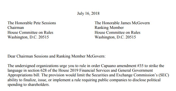 CorporateReform's tweet photo. Today, more than 30 groups urge @PeteSessions and @RepMcGovern to rule @RepMikeCapuano's amendment in order. The amendment strikes a harmful provision from the budget that stops the @SEC_News from requiring companies to disclose their political spending. 

https://t.co/02vmYK81Ty https://t.co/J0SwqCEeDm
