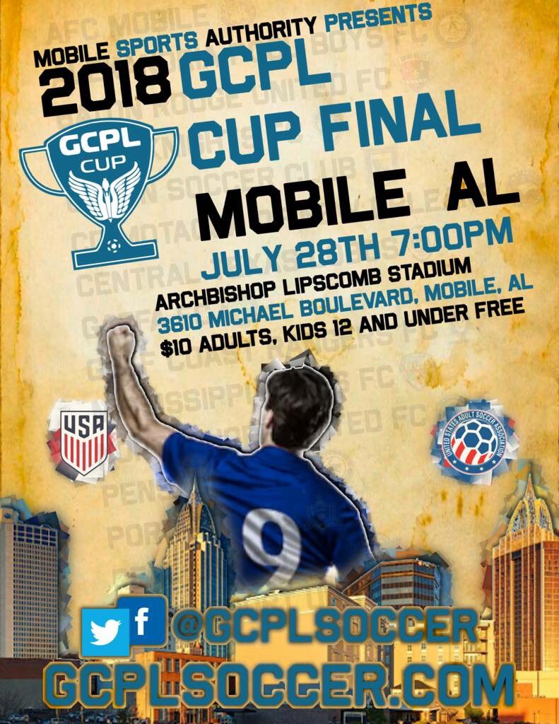 GCPLsoccer's tweet photo. ICYMI: @MobileALSports and @AFCMobile will host the 2018 #GCPLCup Final in the @City_of_Mobile! https://t.co/yyg6GRwEs9