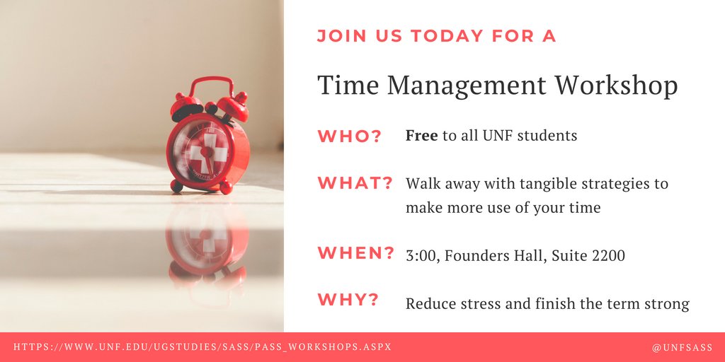 UNFSASS's tweet photo. We're just two hours away from another #TimeManagement workshop! Hope to see you there- #UNFStudentSuccess https://t.co/hnCKrjdeg8