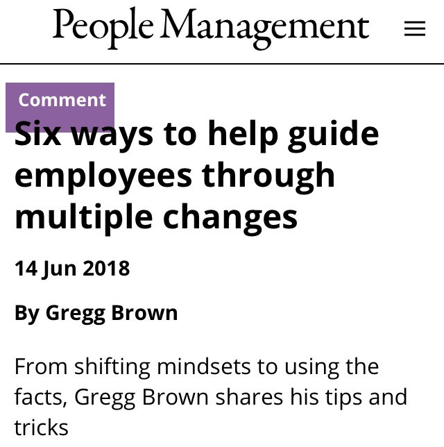 GreggBrownTO's tweet photo. Six ways to help guide employees through multiple changes.
From shifting mindsets to using the facts, Gregg Brown shares his tips and tricks @peoplemgt
https://t.co/TGthoJPSLg #changeideas #guidechange #factsoflife #bigideas https://t.co/7gntdkMUQf