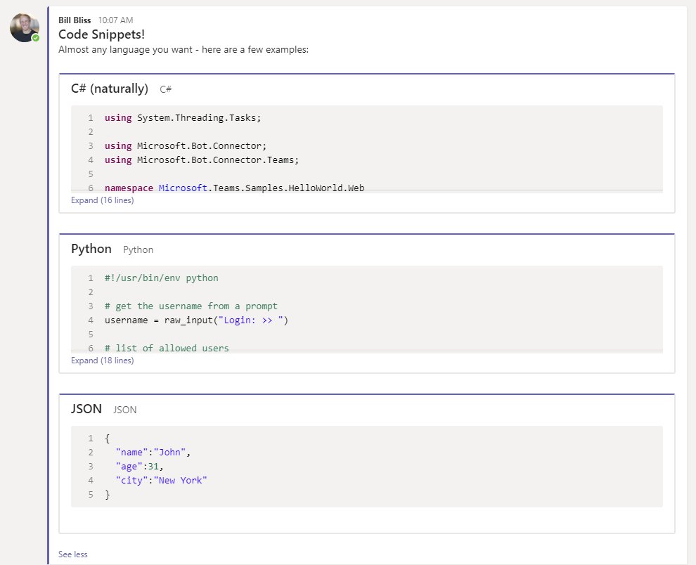 bill_bliss's tweet image. 1/One of our most-requested developer features for #MicrosoftTeams is now live: Code Snippets!
It supports a lot of languages and even supports syntax folding.