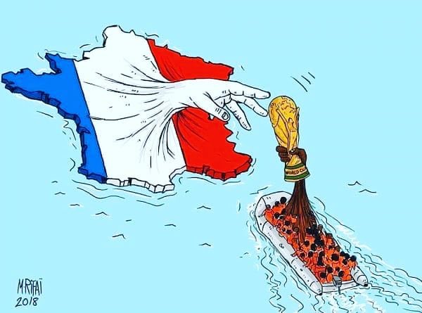 Fransa’nın dünya kupasını göçmenlerden kurulu bir takımla (%78’i göçmen) kazanmasını özetleyen anlamlı bir karikatür. #france #migrants #Refugees #WorldCupRussia2018