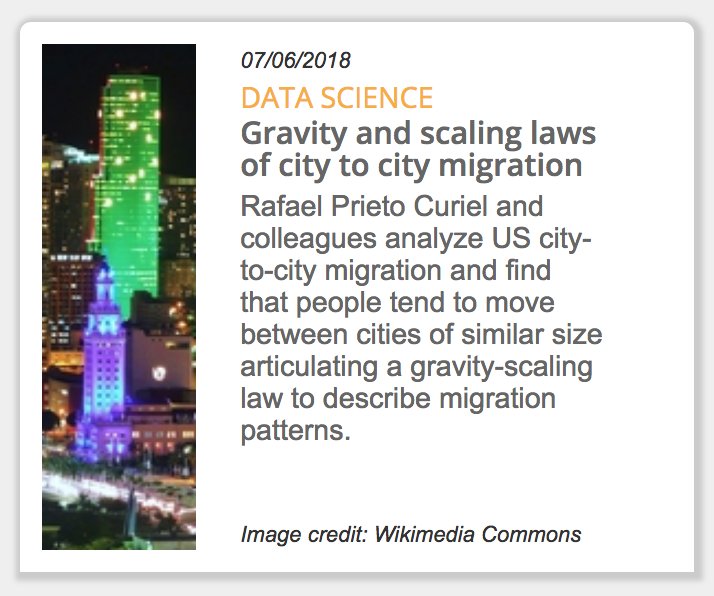 'Gravity and scaling laws of city to city migration' is featured on @PLOSONE home page this week! Congrats @rafaelprietoc, @Gabriellilor and @StevenBishopUCL --> journals.plos.org/plosone/articl… #DataScience #UrbanScience #HumanMigration #HumanMobility