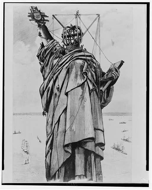 An artistic drawing of workers assembling the Statue of Liberty.