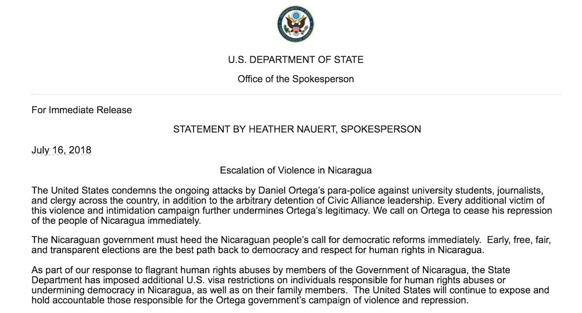 The U.S. condemns the ongoing attacks by Daniel Ortega’s para-police against university students, journalists, and clergy across the country. We call on Ortega to cease his repression of the people of #Nicaragua immediately. go.usa.gov/xUX2T