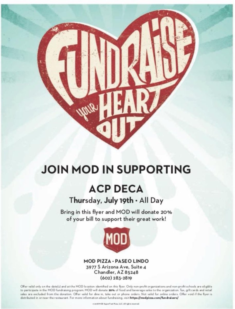 AcpDeca's tweet photo. Meet your teacher and then head to MOD Pizza to help ACP DECA fundraise by just eating! @ACPKnights https://t.co/PY0u70hCP9